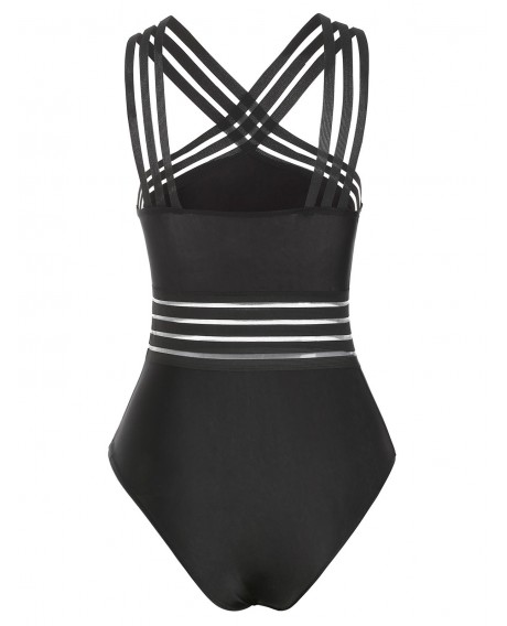 Cross Front One-Piece Sheer Swimsuit - Black M