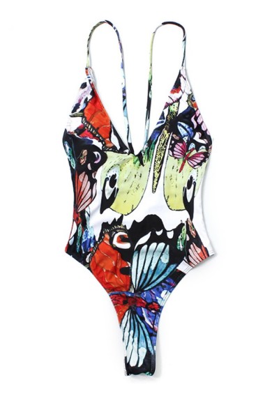 Butterfly Print Criss Cross Swimwear -  S