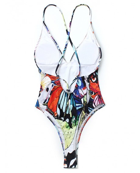Butterfly Print Criss Cross Swimwear -  S