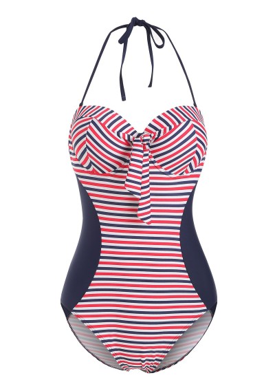 Striped Underwire Halter Knot Swimsuit - Lava Red M