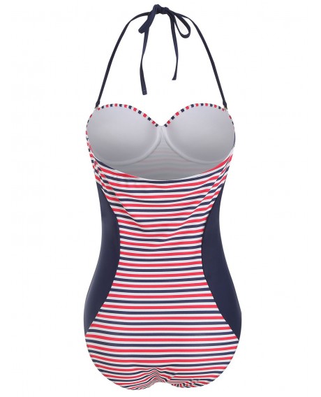 Striped Underwire Halter Knot Swimsuit - Lava Red M