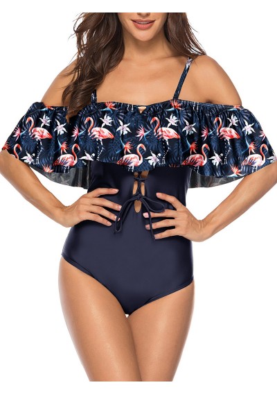 Flamingo Print Overlay Cami Swimsuit - Cadetblue L