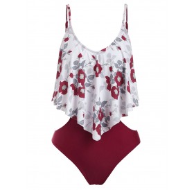 Flounce Flower Print Cut Out One-Piece Swimsuit - Red Wine M