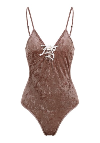 Lace Up Plunging Neck Velvet Swimsuit - Coffee L