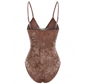 Lace Up Plunging Neck Velvet Swimsuit - Coffee L