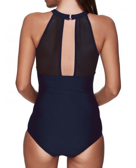 Mesh Panel Ruched Padded Swimsuit - Cadetblue M