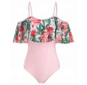 Flower Open Shoulder Flounce Swimsuit - Pink M