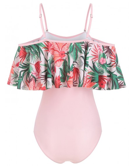 Flower Open Shoulder Flounce Swimsuit - Pink M