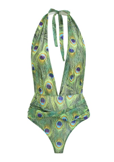 Feather Print Plunging Neck Swimsuit -  M