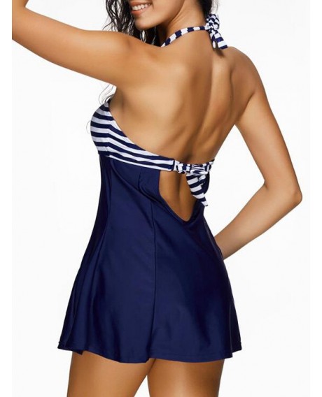 Striped Halter Skirted Swimsuit - Cadetblue M