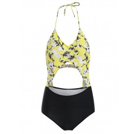 Halter Backless Cut Out Floral Print Swimwear - Yellow S