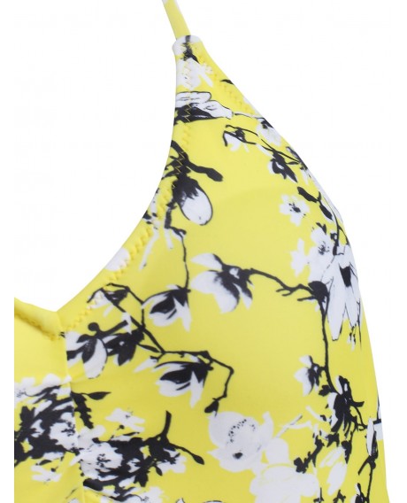 Halter Backless Cut Out Floral Print Swimwear - Yellow S