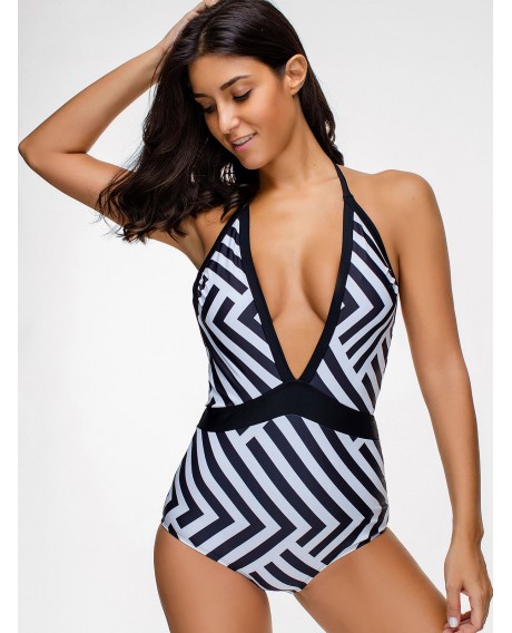 Halter Low Cut Backless Zigzag One-piece Swimsuit - Black S