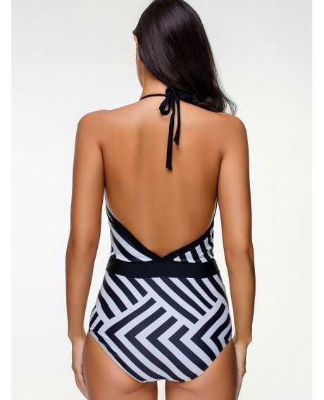 Halter Low Cut Backless Zigzag One-piece Swimsuit - Black S