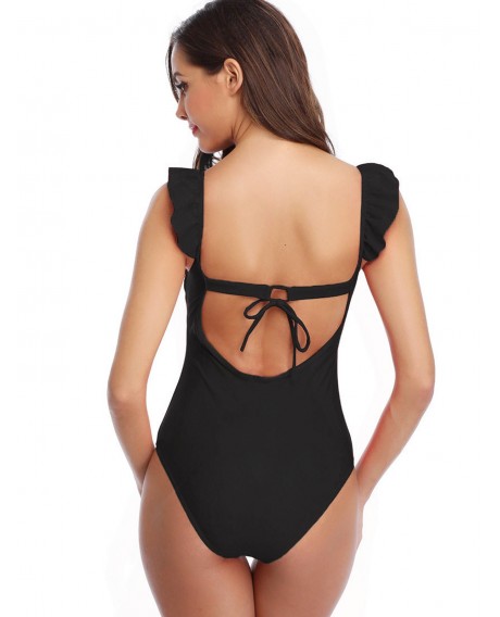 Ruffled Open Back One-piece Swimsuit - Black S