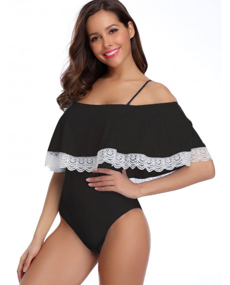 Ruffled Lace Trim One-piece Swimwear - Black L