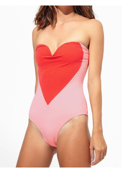 Contrast Heart Tube Swimsuit - Pink S