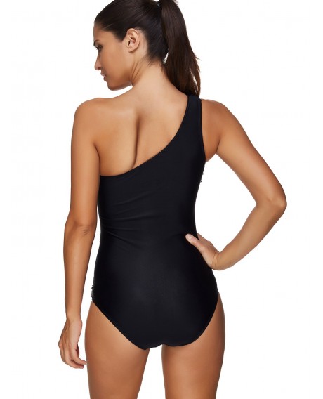 Sheer Mesh Panel One Shoulder Swimsuit - Black M