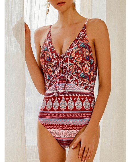 Ethnic Floral Lace-up Swimsuit -  S