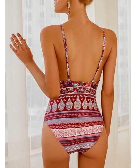 Ethnic Floral Lace-up Swimsuit -  S