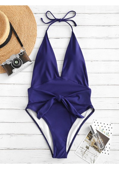 Halter Front Tie Backless One-piece Swimwear - Deep Blue S