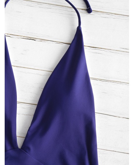 Halter Front Tie Backless One-piece Swimwear - Deep Blue S