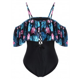 Flower Lace Up Cold Shoulder Swimsuit - Black S