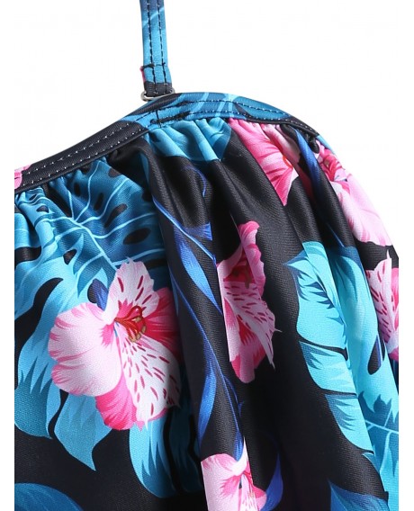 Flower Lace Up Cold Shoulder Swimsuit - Black S