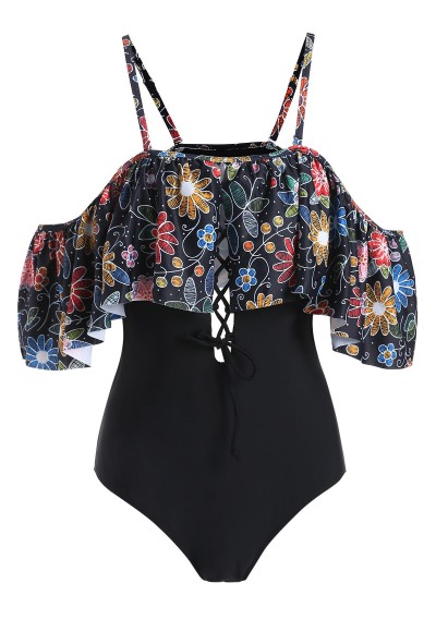 Flower Lace Up Open Shoulder Swimsuit - Black M