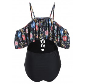 Flower Lace Up Open Shoulder Swimsuit - Black M