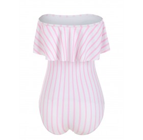 Off The Shoulder Striped Ruffled One-piece Swimsuit - Pink Xl