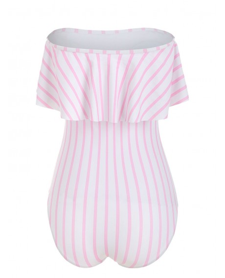Off The Shoulder Striped Ruffled One-piece Swimsuit - Pink Xl