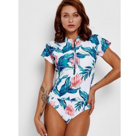 Stand Neck Leaves Print Padded Swimsuit - White M
