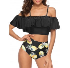 Lemon Print Flounce Padded Bikini - Black M