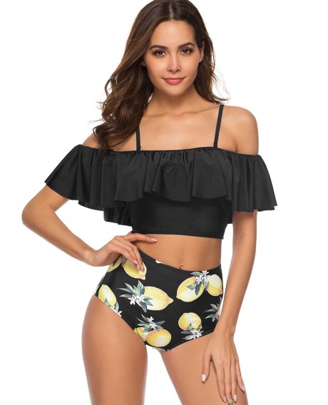 Lemon Print Flounce Padded Bikini - Black M
