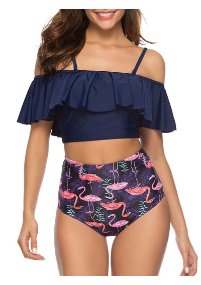 Flamingo Print Flounce Padded Bikini Swimsuit - Cadetblue L