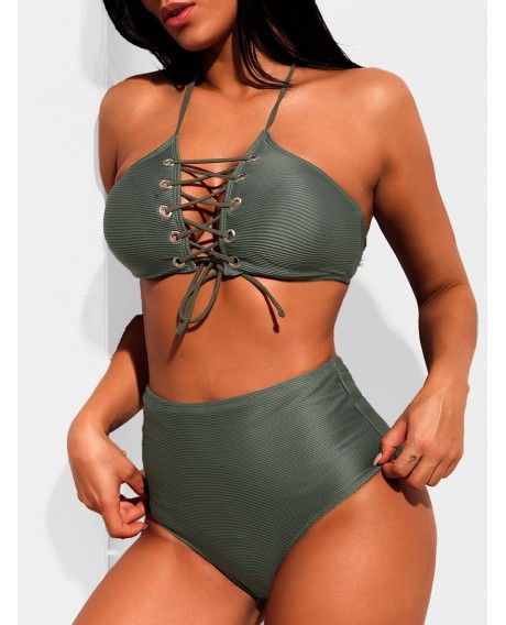 Halter Neck Lace Up Bikini Set - Dark Green S