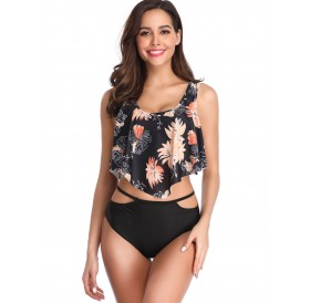 Floral Print Overlay Bikini Set - Black S