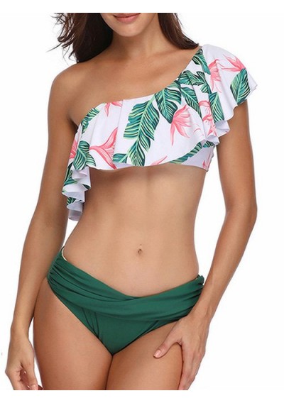 One Shoulder Leaves Print Overlay Bikini Set - Green M