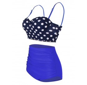 High Waist Polka Dot Underwire Bikini Set - Blue M