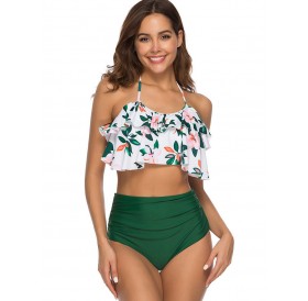 Flower Print Halter Flounce Bikini Set - Green S