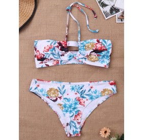 Floral Print Cut Out Bandeau Bikini Set - White L
