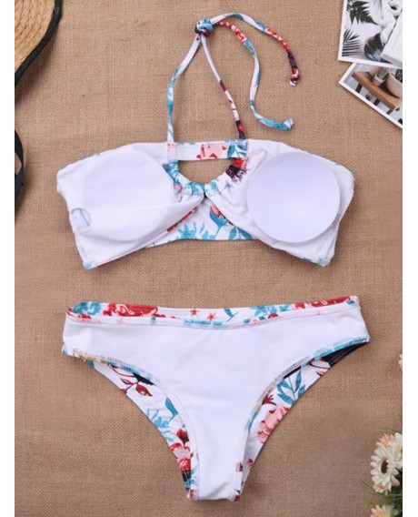 Floral Print Cut Out Bandeau Bikini Set - White L
