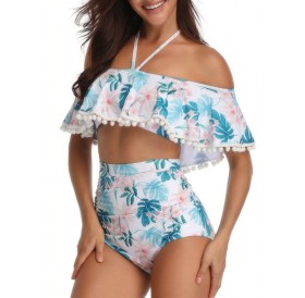 Pompoms Floral Print Overlay Bikini Set - Greenish Blue M
