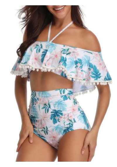 Pompoms Floral Print Overlay Bikini Set - Greenish Blue M
