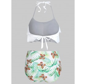 Butterfly Print Halter Tummy Control Bikini Set - White Xl