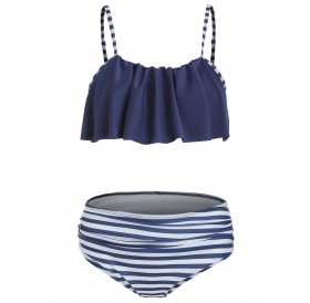 Striped Print Flounce Padded Bikini - Blueberry Blue S