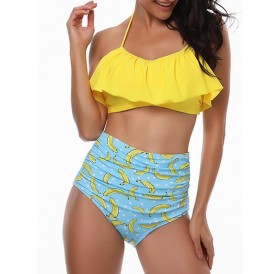 Banana Print Knotted Halter Bikini Set - Yellow S
