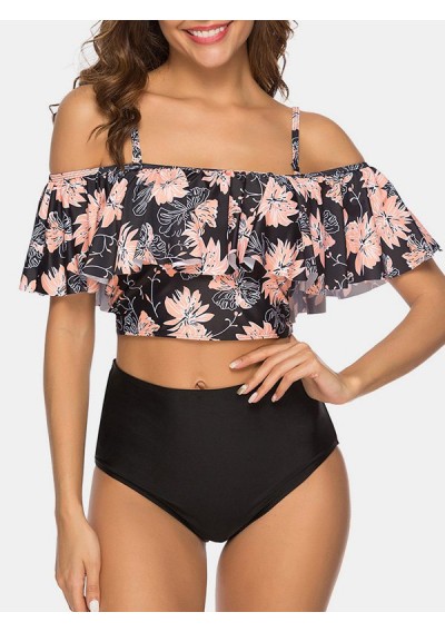 Flower Print Flounce Padded Bikini Set - Black S