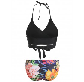 Halter Neck Floral Print Padded Bikini Set - Black 2xl